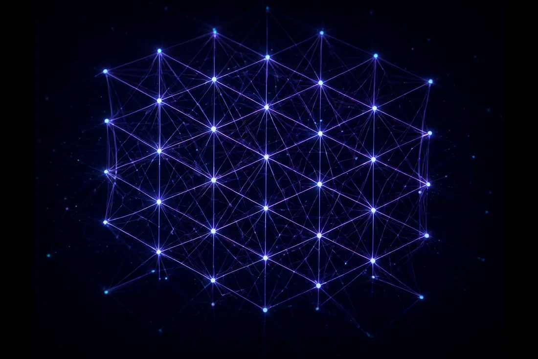 Lattice tridimensional de hilos de luz violeta y celeste con nodos brillantes